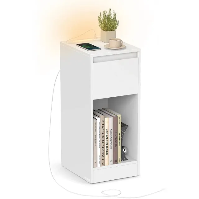 Golaro Nachtkastje - Smal Bijzettafeltje met LED Verlichting - USB-A & USB-C Poort - Lade en Open Vak - 30x25x60 cm - Wit