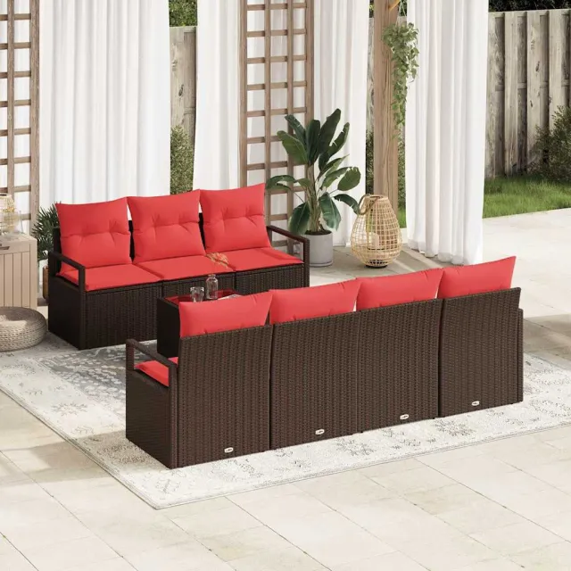 vidaXL Bankstel 8 st 7-zits Bruin en Rood poly rattan