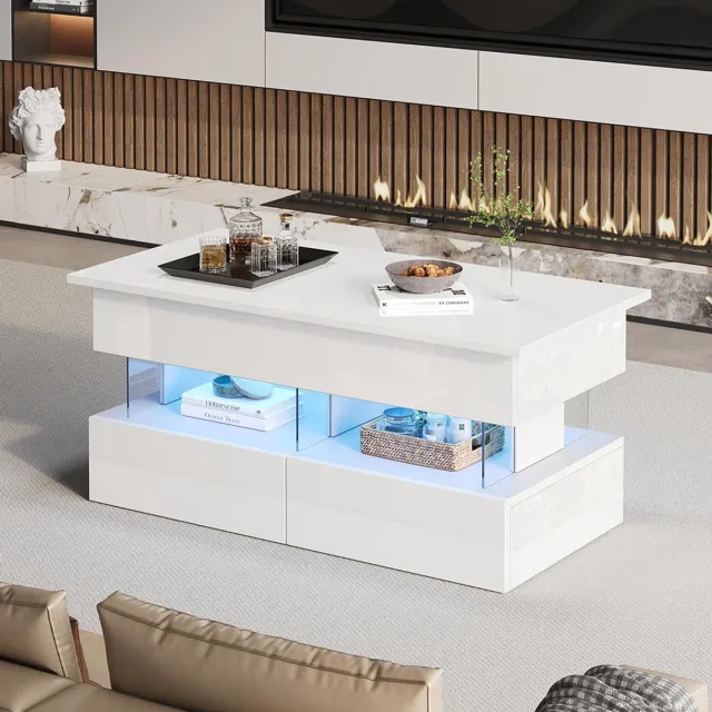 KOMHTOM BLACKCOLORS 100 x 50 x 46 cm Verhoogbare salontafel met in hoogte verstelbaar tafelblad en verborgen opbergruimte, hoogglans bijzettafel met ledverlichting, salontafel met 2 lades, wit, MDF + acryl