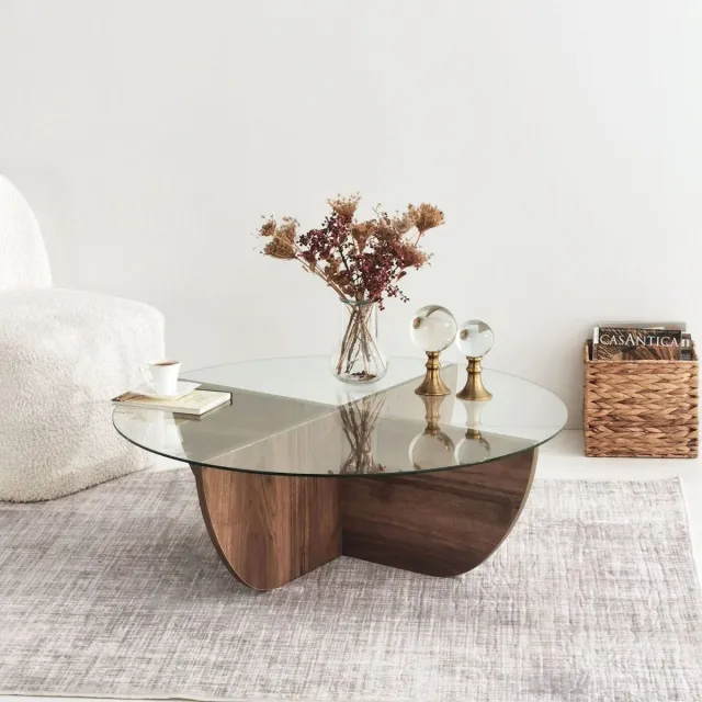 Skye Decor Salontafel half rond glas hout - walnoot - 90x30 cm - gehard glass - Retro - bijzettafel rond glas