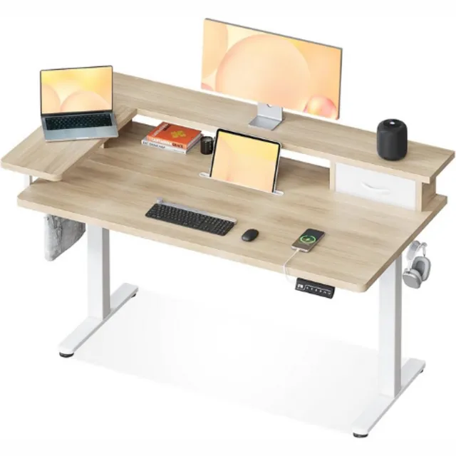 OffiGo Elektrisch Sta Bureau 120 X 60 Cm - In Hoogte Verstelbaar Bureau Met L Monitorhouder En Lade - USB Aansluiting - Ergonomische Zit Sta Werkplek - Beige Design Voor Thuiswerk En Kantoor