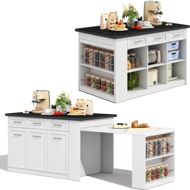Clruro Keukeneiland - 150 x 90 x 90 cm - Uitschuifbare Eettafel - Houtmateriaal - Wit/Zwart Marmer