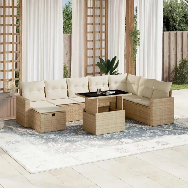 vidaXL 9-delige Loungeset met kussens poly rattan beige, foto 2