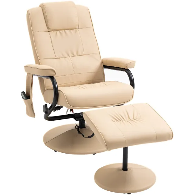 Merax Relaxfauteuil met Massagefunctie en Voetenbank – 10 Massagepunten – 360° Draaibaar – Verstelbare Rugleuning – Kunstleer Crème Wit