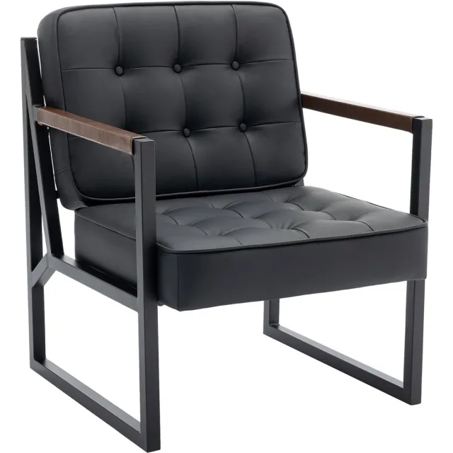 COLAMY Accentstoel - Comfortabel - Fauteuil - Midden van de eeuw - Modern - Metalen poten - Kunstleren ontvangstfauteuil - Zwart