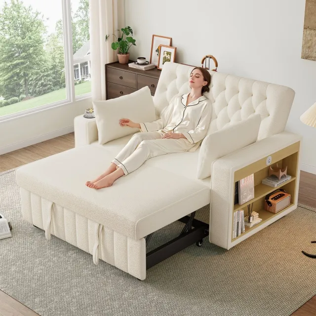 Merax Slaapbank - moderne opvouwbare bank met opbergruimte en slaapfunctie - met drinkhouder - USB-oplaadpoort en kussens - beige