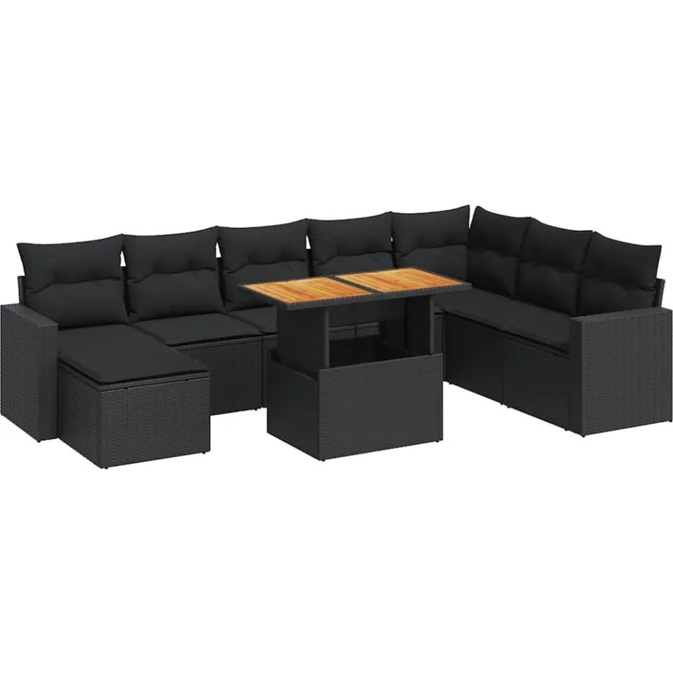 vidaXL 9-delige Loungeset met kussens poly rattan zwart, foto 3