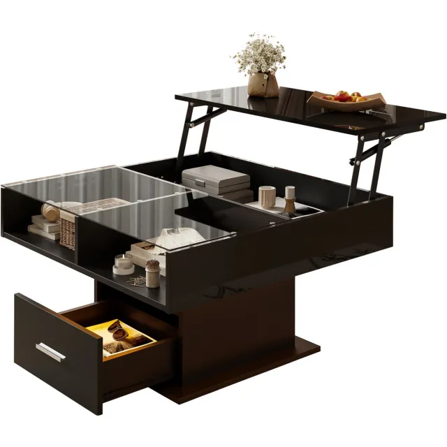 Clruro Salontafel - Verstelbaar - Hoogglans Lift Met LED En Flexibele Opbergruimte - MDF - Wit Zwart