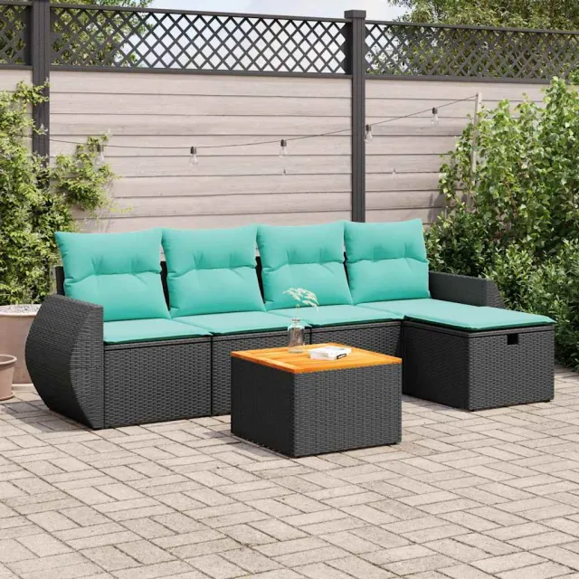 vidaXL 6-delige Loungeset met kussens poly rattan zwart, foto 2
