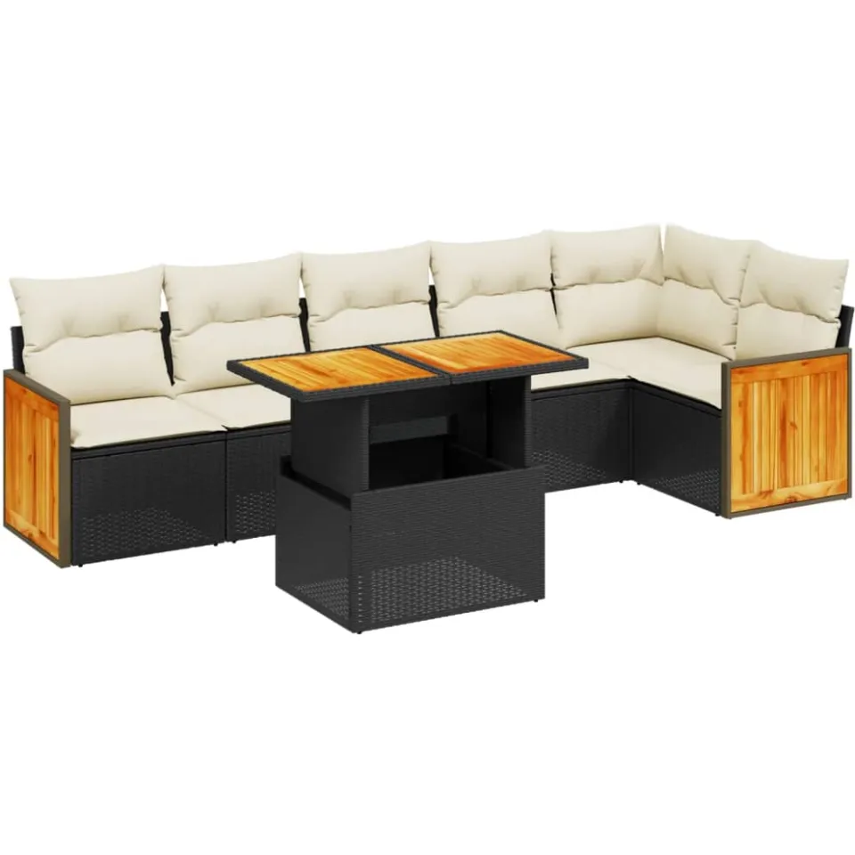 vidaXL 7-delige Loungeset met kussens poly rattan zwart