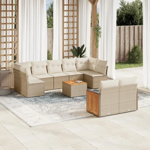 vidaXL 10-delige Loungeset met kussens poly rattan beige, foto 2