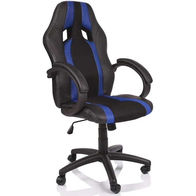 Somultishop Racing bureaustoel, Zwart/Blauw gestreept, draaistoel, gevoerde armleuningen, kantelmechanisme, Lift SGS gecontroleerd