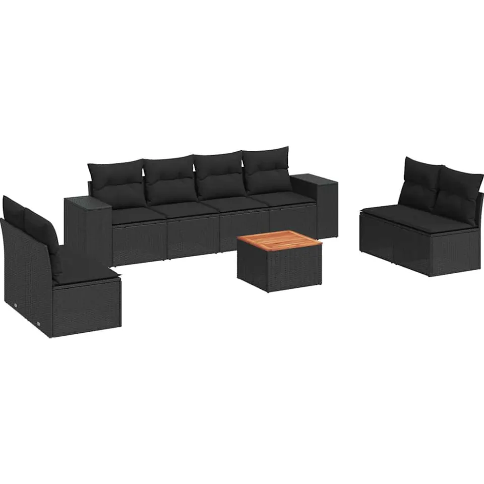 vidaXL 9-delige Loungeset met kussens poly rattan zwart, foto 4