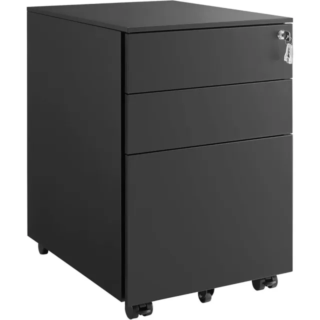 Mila Shop Archiefkast - Dossierkast - Bureau rolcontainer met 3 lade - Afsluitbaar - Ladeblok bureau - Met wielen - Kantoorkast - A4 - Robuust - Zwart - 39 x 60 x 52 cm (B x H x D)