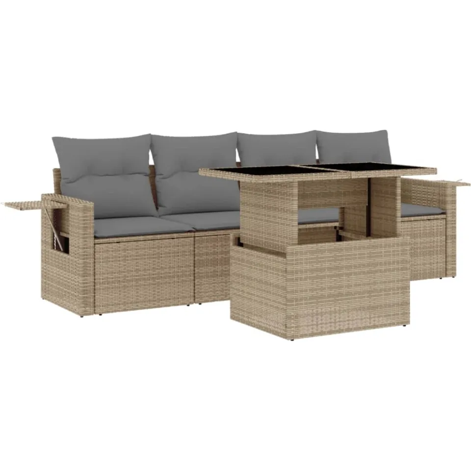 vidaXL 5-delige Loungeset met kussens poly rattan beige, foto 3