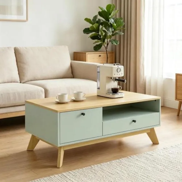 Rolipo Rechthoekige salontafel met lade - Salontafel met open vak en deur - Magneetsluiting - Verhoogde basis - Woonkamer - 100x50x40 cm - Lichtgroen en eiken