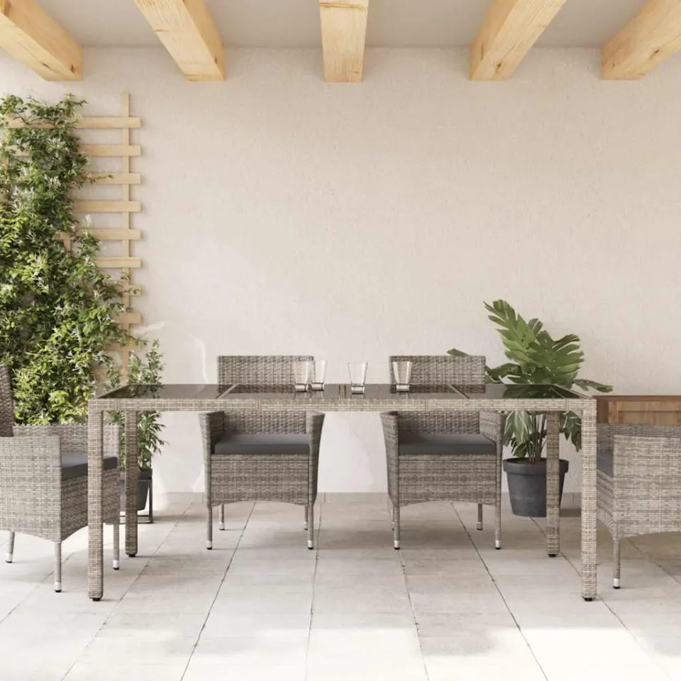 vidaXL Tuintafel met glazen blad 190x90x75 cm poly rattan grijs, foto 3