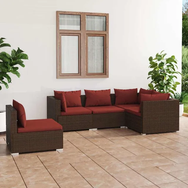 vidaXL 5-delige Loungeset met kussens poly rattan bruin, foto 2