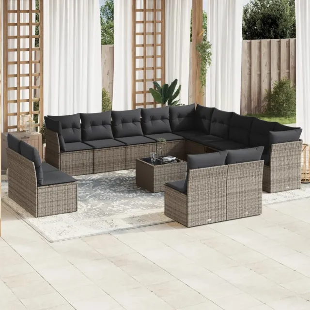 vidaXL 14-delige Loungeset met kussens poly rattan grijs, foto 2