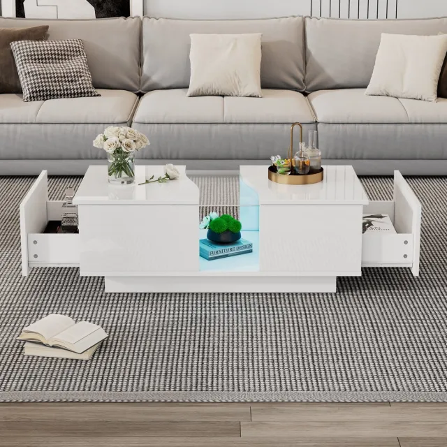 Merax Moderne salontafel met 2 lades - 100 x 50 x 35 cm - witte hoogglans bijzettafel met LED-verlichting en acryl blad