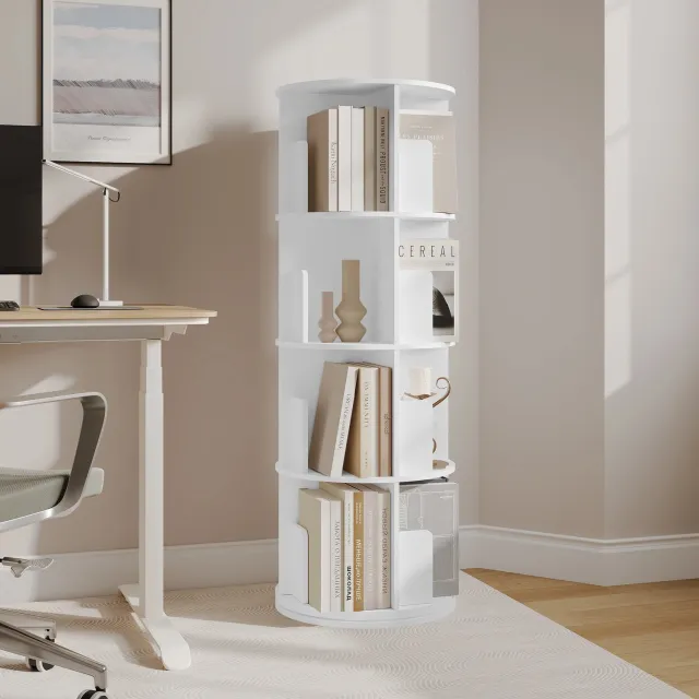 Prime Homely Prime Home Boekenkast - Boekenrek - Boekenplank - Opbergrek - 360 graden Draaibaar - 4 niveaus - Staand - 44 x 127,4cm - Wit