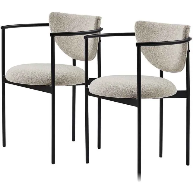 NJLyuhome Home - Eetkamerstoel met armleuningen 2-stuks set - Bouclé stof in beige - Zwart metalen frame - Modern & comfortabel design Beige | Zwart