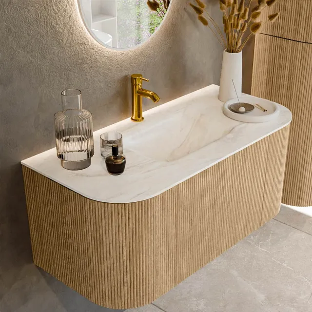 Mondiaz KURVE-DLUX 100 cm Onderkast Greeploos 1 Lade Met Deuren Oak, Wastafel Solid Surface MIdden Ostra 1 Kraangat Zonder Spiegel (KRVGRU100L+R1L2D1KM-Oak/Ost)