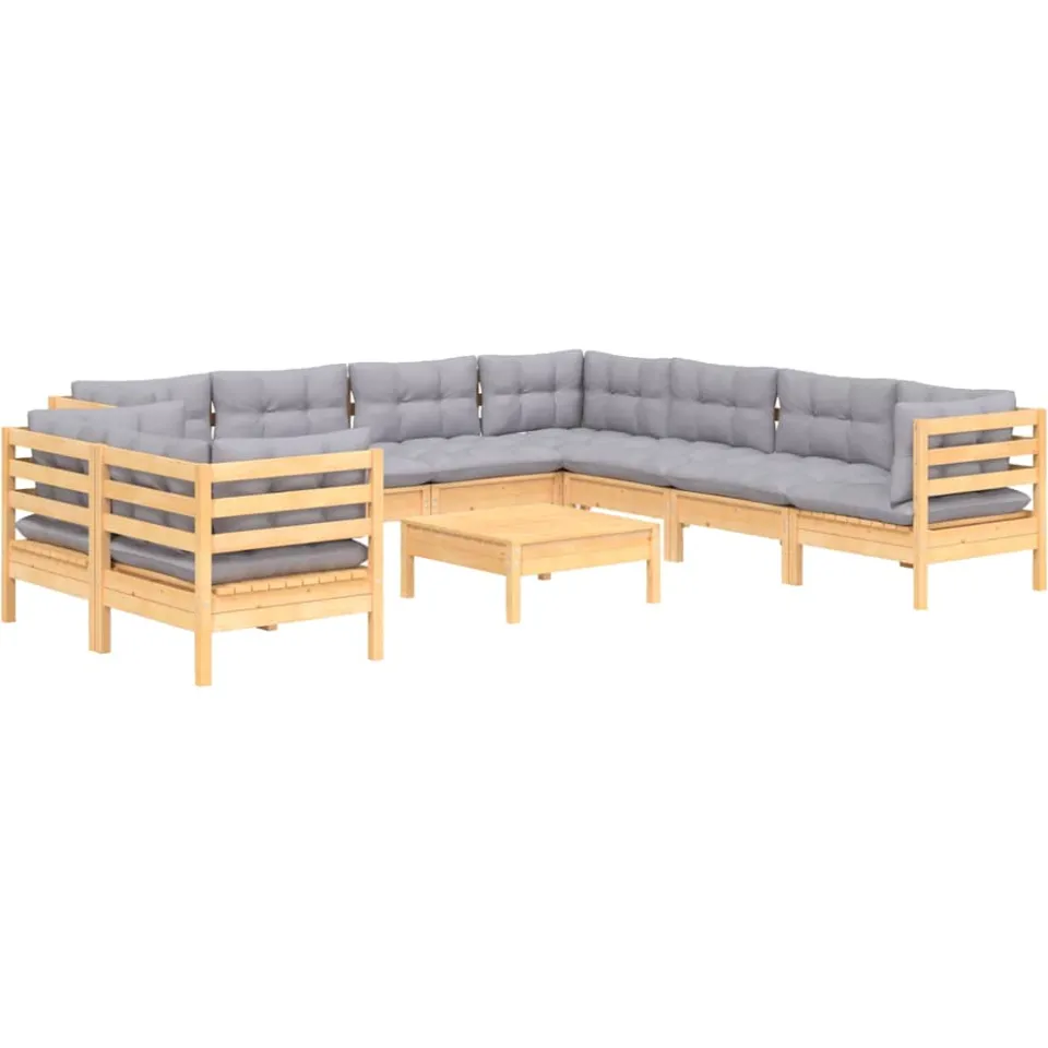 vidaXL 10-delige Loungeset met grijze kussens massief grenenhout Grijs