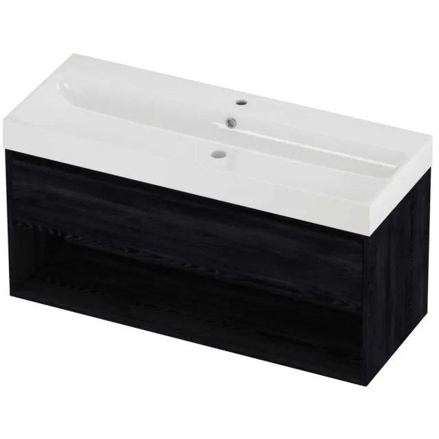 Proline Podium Badmeubelset Polystone Loft 1 Kraangat Met Schap 120x46x62 cm Glans Wit Black Oak Eiken