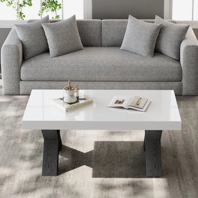 MUVANO Salontafel - Moderne rechthoekige salontafel - Wit zwarte salontafel met X-poten - MDF koffietafel - 100x50x40 cm - Bijzettafel- Woonkamer Wit Zwart Notenhout