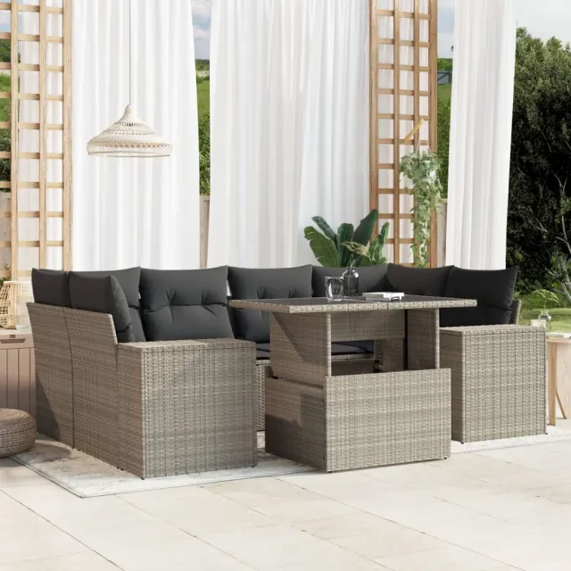 vidaXL 7-delige Loungeset met kussens poly rattan lichtgrijs grijs, foto 2