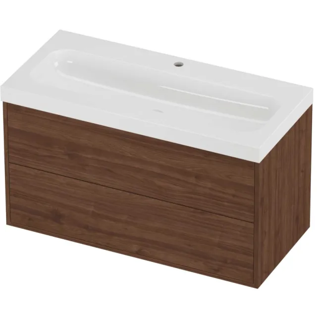 Proline Haga Badmeubelset Polystone Mezza In Kader 100x46x58 cm Glans Wit Indian Walnut Houtlook