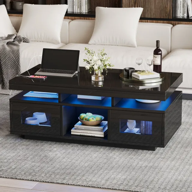 CHICFURN Salontafel - LED-verlichting - opbergruimte - rechthoekig - zwart