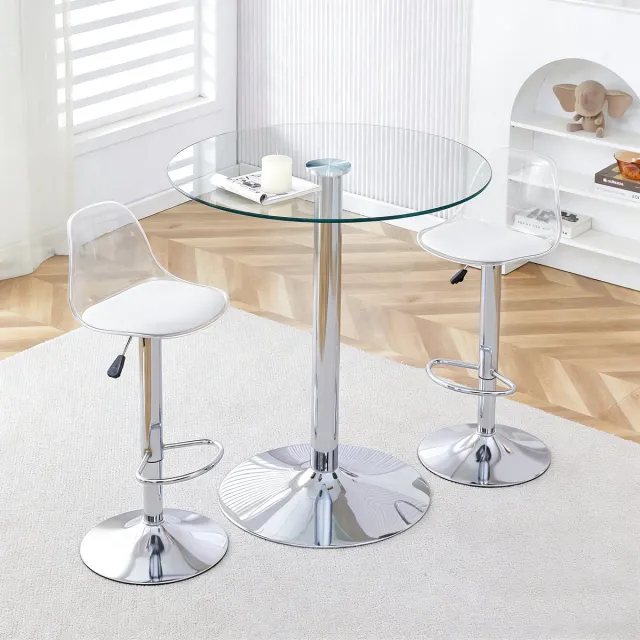 Clruro Barset - Ø 89 cm - Tafel met Draaibare Krukken - Verstelbaar - Glas en Metaal - Zilver