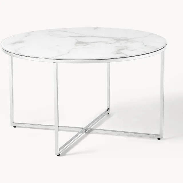 Westwing Collection Ronde salontafel Antigua met glazen tafelblad in marmerlook Wit, Zilverkleurig