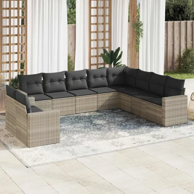 vidaXL 10-delige Loungeset met kussens poly rattan lichtgrijs grijs, foto 2