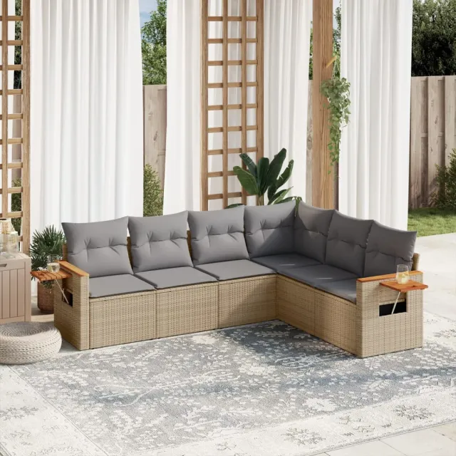 vidaXL 6-delige Loungeset met kussens poly rattan beige, foto 2