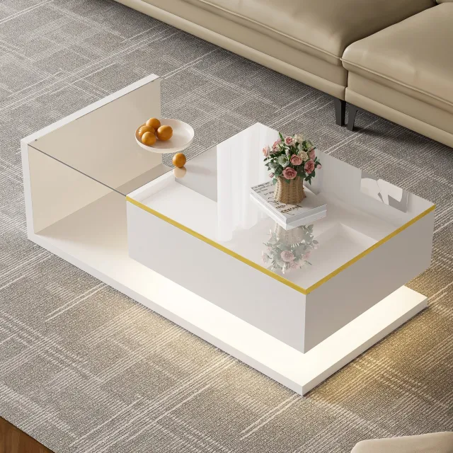Maisentiel Salontafel 100 x 50 cm met glas, LED-verlichting en opbergruimte – hoogglans wit