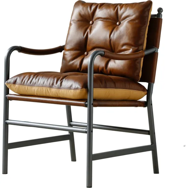 MUVANO Bruine leren fauteuil - mid-century moderne accentstoel - enkele bank - stevige zitting - 60x62x90 cm - ontspannen - woonkamer bruin