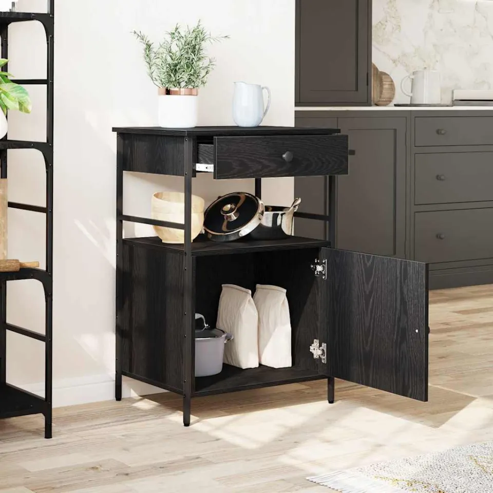 vidaXL Keuken Trolley Zwart Eiken 56 x 43 x 89,5 cm Bewerkt hout, foto 4