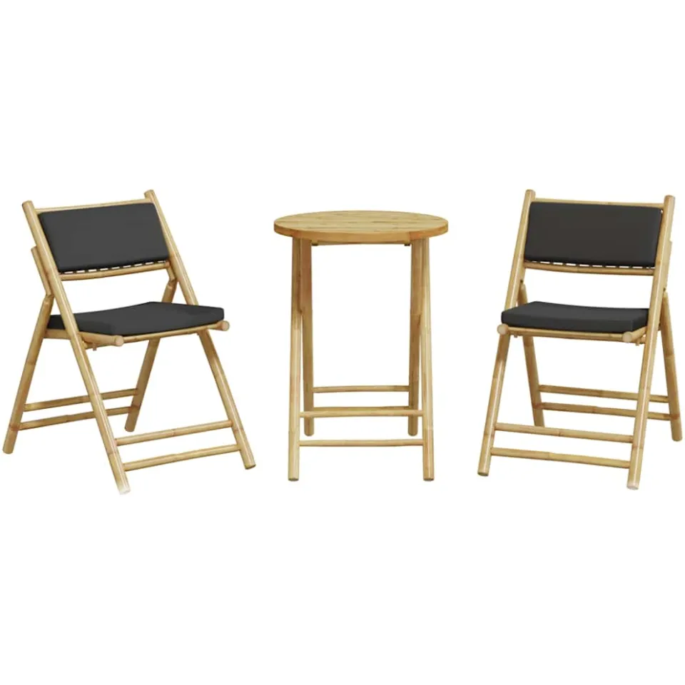 vidaXL 3-delige Bistroset inklapbaar met kussens bamboe donkergrijs bruin, foto 4