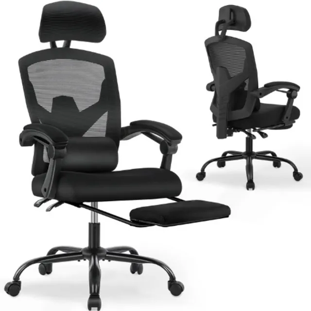 Dumos Ergonomische Bureaustoel - Comfortabele Kantoorstoel Met Lendensteun En Voetensteun - Verstelbare Armleuningen - Thuiskantoor Stoel Voor Langdurig Zitcomfort zwart