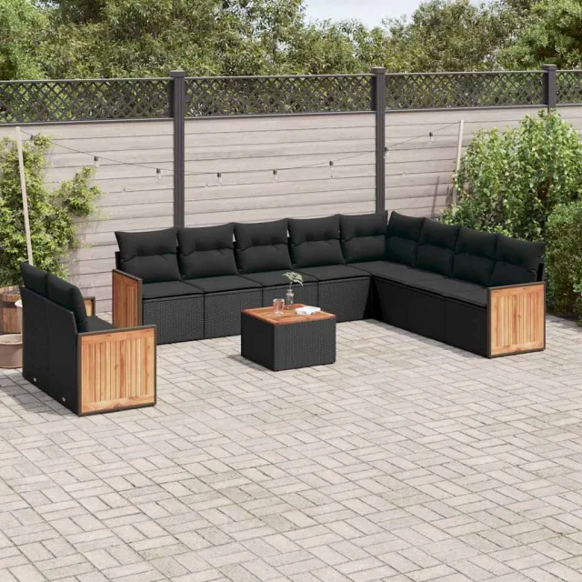 vidaXL 11-delige Loungeset met kussens poly rattan zwart, foto 2