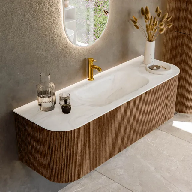 Mondiaz KURVE-DLUX 140 cm Onderkast Greeploos 1 Lade Met Deuren Walnut, Wastafel Solid Surface Midden Ostra 1 Kraangat Zonder Spiegel (KRVBGS140L+R1L2D1KM-Wal/Ost)