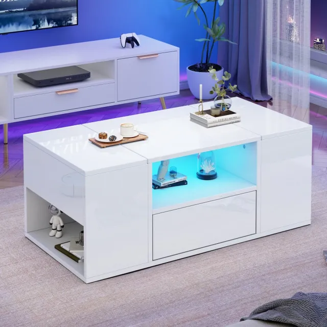 MEUNIQ Salontafel 100 x 50 x 40 cm met lade, 2 opbergvakken, open vakken en appbediende LED-verlichting voor woonkamer, wit hoogglans