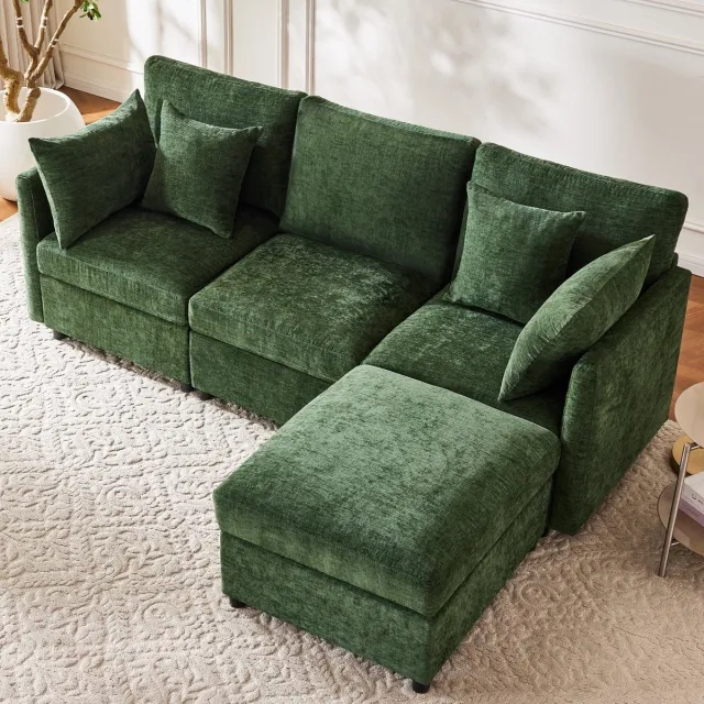 FloraGrace Hoekbank 216 x 161 cm - Modulair Met Verplaatsbare Hocker En 4 Kussens - Woonkamer Of Kantoor - Chenille - Groen