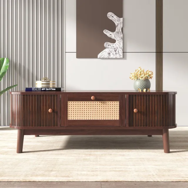 Merax Rattan Salontafel - Elegante Tafel met Massief Houten Deuren en Rattan Lades - Bruin