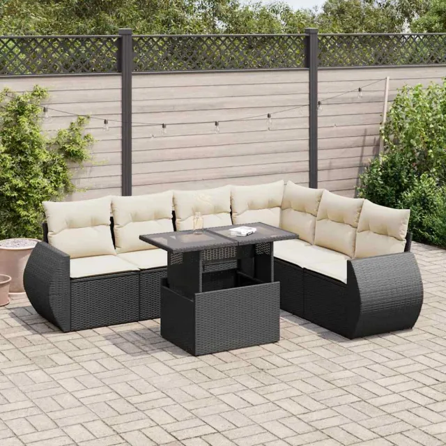 vidaXL 7-delige Loungeset met kussens poly rattan zwart, foto 2