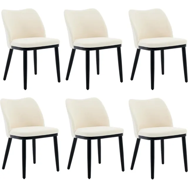 HOERFURIY Set van 6 Luxe Eetkamerstoelen - Linnen Bekleding - wit - Met Houten Poten - Gestoffeerde Keukenstoelen - Modern & Ergonomisch