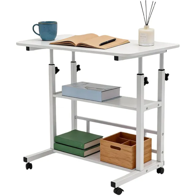 Happiq Bijzettafel – 3-Laags C-vormige Laptoptafel met Wielen, In Hoogte Verstelbare Werktafel voor Woonkamer en Slaapkamer – Wit